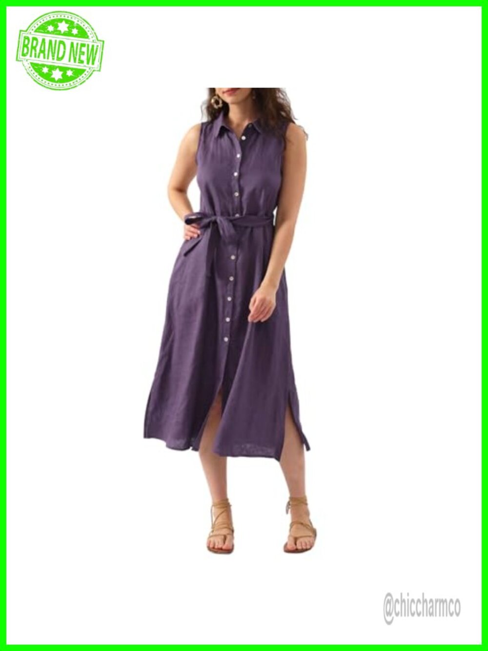 Pure Linen Sleeveless Midi Dress Removable Belt Button Front Work Casual